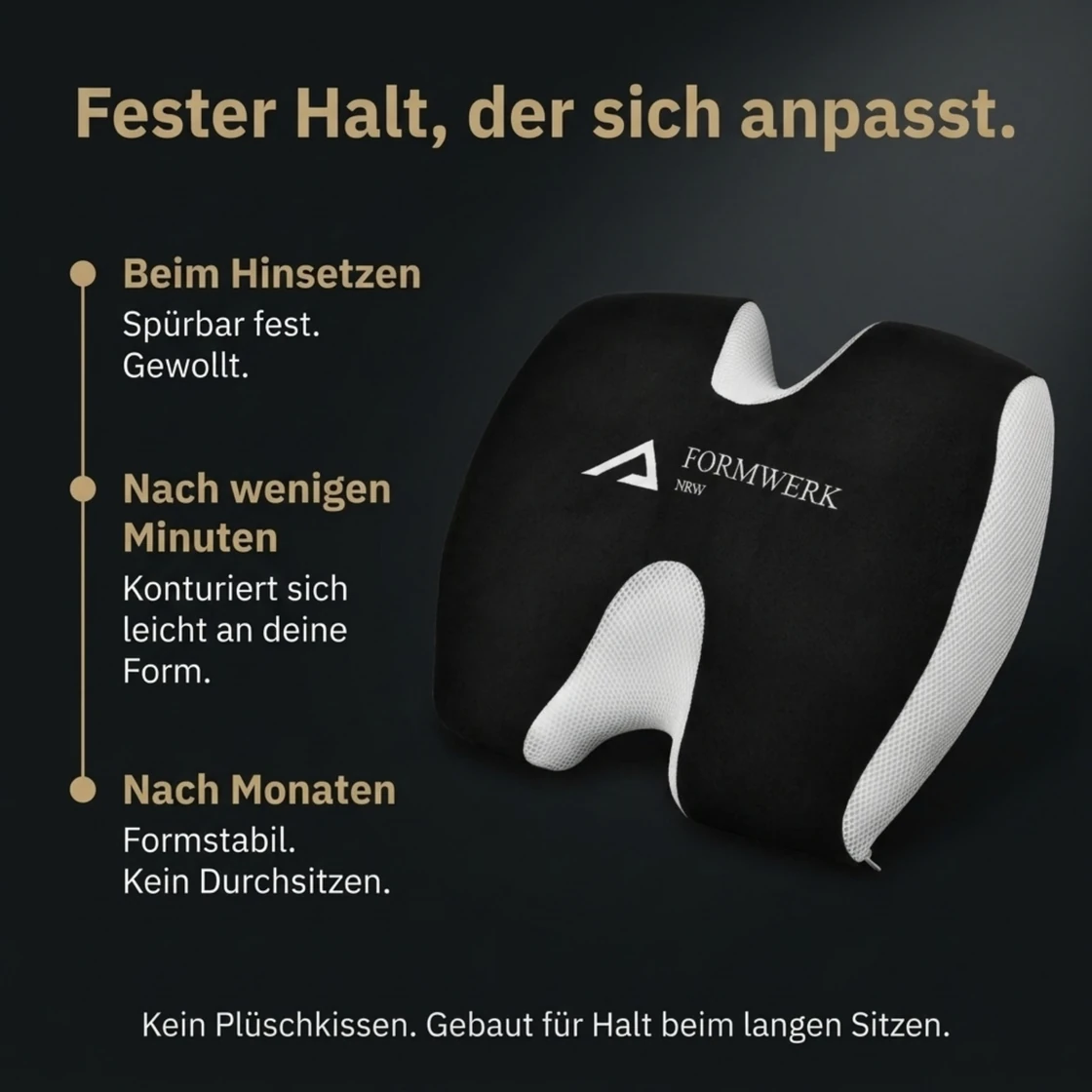 FORMWERK-NRW Sitzkissen in Schwarz: fest beim Hinsetzen, passt sich nach wenigen Minuten an, formstabil nach Monaten